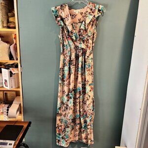 Monteau Los Angeles Pink Floral Ruffle V Neck Midi Dress L Sleeveless Boho Fem